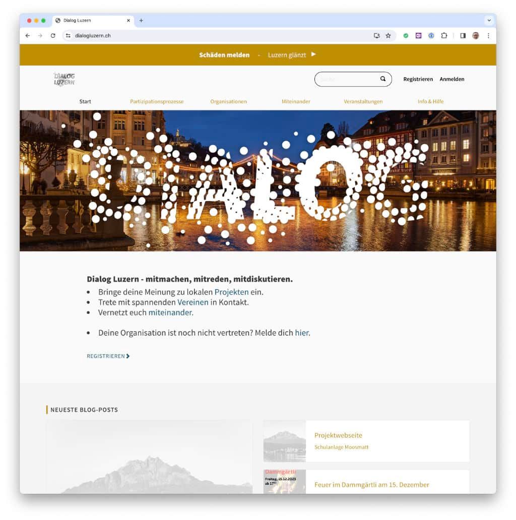 Startseite von Dialog Luzern: das Wort «Dialog» aus Lichtpunkten über der Altstadt bei Nacht, darunter «mitmachen, mitreden, mitdiskutieren».