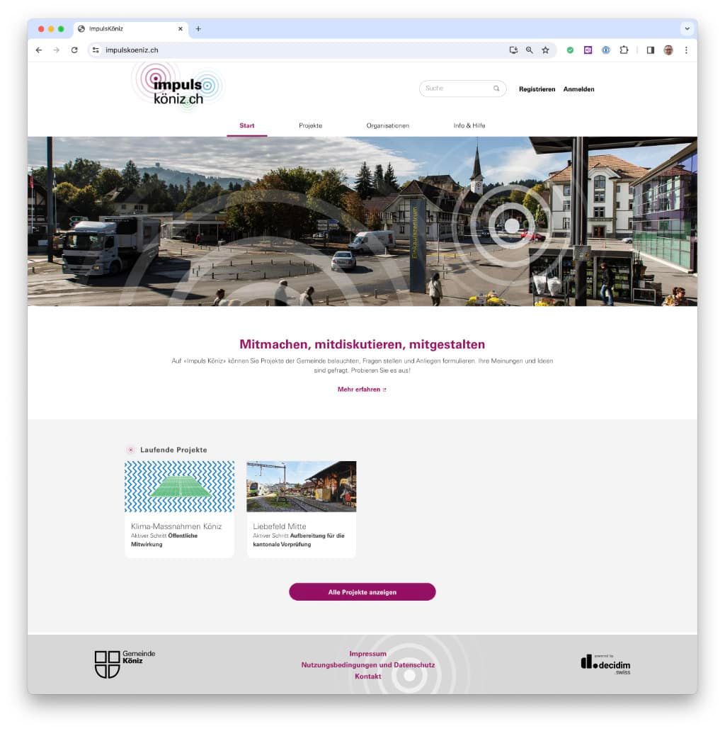 Startseite von ImpulsKöniz: das Zentrum von Köniz, darunter «Mitmachen, mitdiskutieren, mitgestalten» und laufende Projekte.