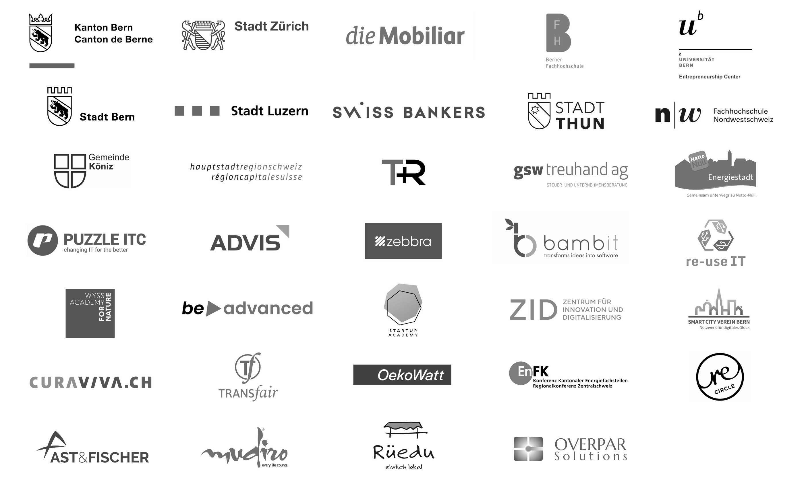 Logos von Kundinnen und Kunden: ADVIS, Ast & Fischer, bambit, be advanced, Berner Fachhochschule, CURAVIVA.CH, Energiestadt, EnFK, FHNW, Gemeinde Köniz, GSW Treuhand AG, Hauptstadtregion Schweiz, Kanton Bern, die Mobiliar, Mudiro, OekoWatt, Overpar Solutions, Puzzle ITC, re-use IT, ReCircle, Rüedu, Smart City Verein Bern, Stadt Bern, Stadt Luzern, Stadt Thun, Stadt Zürich, Startup Academy, Swiss Bankers, T+R, TransFair, Universität Bern Entrepreneurship Center, Wyss Academy for Nature, zebbra, ZID Zentrum für Innovation und Digitalisierung