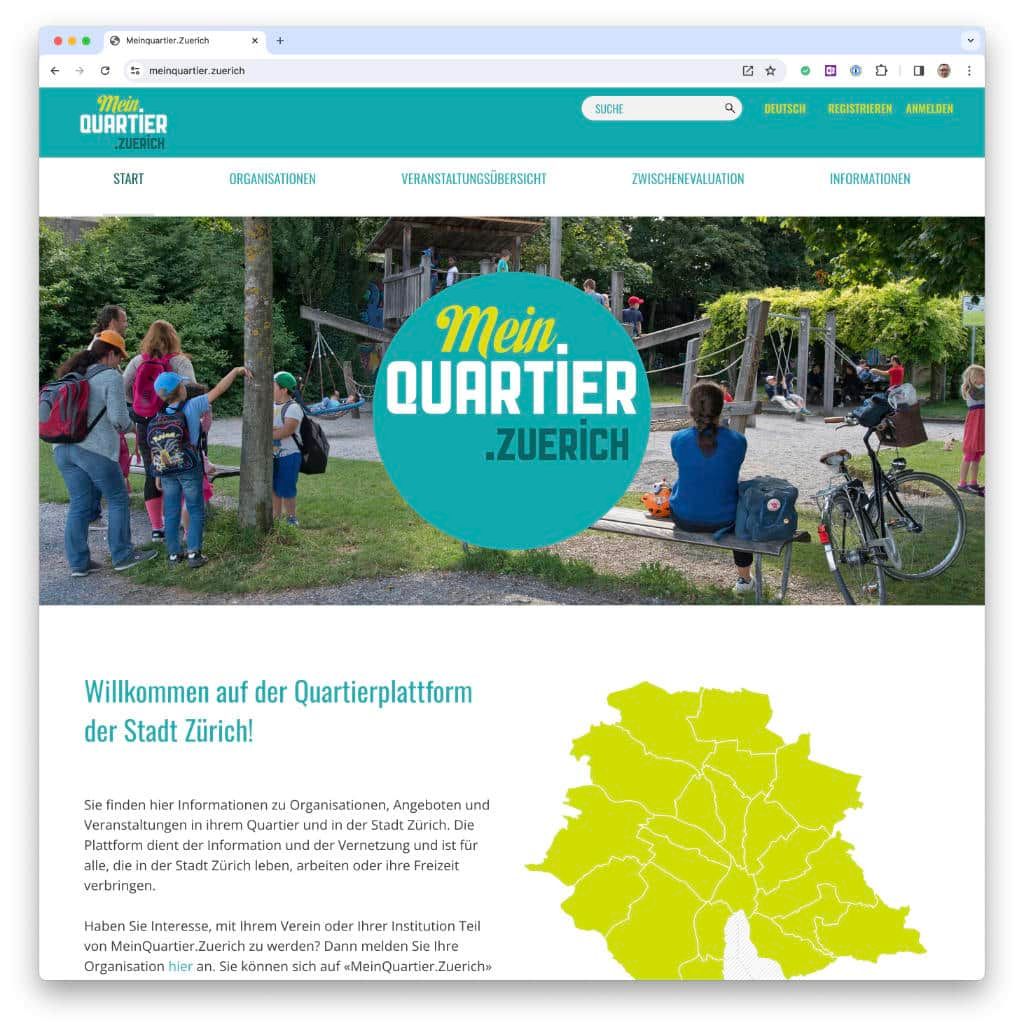 Startseite von MeinQuartier.Zuerich: Logo über einem Spielplatz, darunter die Quartierkarte der Stadt Zürich.